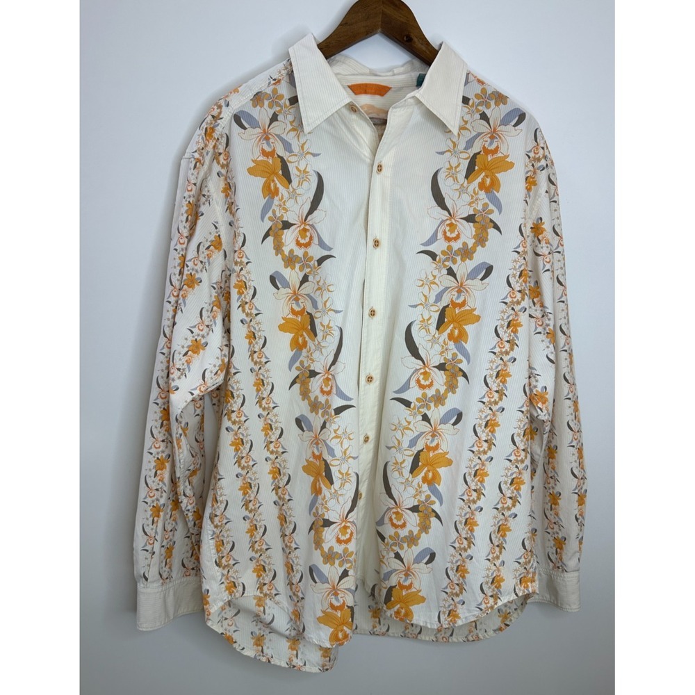 Tommy Bahama Orchid Floral Stripe Cotton Silk Shirt Men XL Ivory Hawaiian Resort - Picture 11 of 11